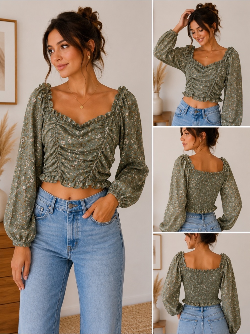 ASTR The Label Sage Green Floral Ruched Puff Sleeve Crop Top